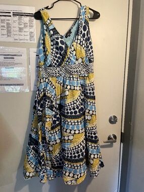 Miss Nikky multicolor polka dot v-neck dress with beaded embellishments.